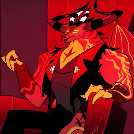 score_9_up, score_8_up, score_7_up, high quality, detailed, source_cartoon, male, solo male, 1boy, mature male, four eyes, yellow eyes, yellow sclera, horns, anthro, dragon, demon, satan, helluva boss, cartoon style, red skin, yellow underbelly, buff, muscular male, bara, athletic build, yellow claws, dark red markings on body, demon dragon, black vest, gray v-neck sleeveless shirt, black pants, throne, sitting on throne, half-body, bust shot