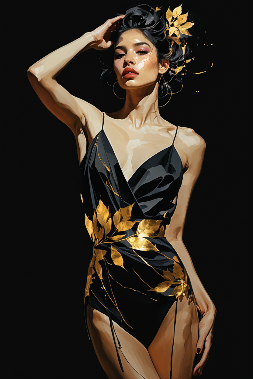 3l3ganc3,masterpiece,best quality, highly detailed, score_9, score_8_up, score_7_up, score_6_up,  
Beautiful portrait by Minjae Lee and Don Marco. Styled by Russ Mills. Explosive expressive colors, powerful, impactful, Yossi Kottler surrealism.
 BREAK
1girl, woman standing, from her side, dancing pose, A delicate and emotionally expressive illustration unfolds, featuring minimal yet evocative linework that centers around ethereal female figures. The compositions are often sparse and graceful, with soft watercolor washes or splashes of vivid colorâwhites, purples, and goldsâadding bold contrast to the otherwise restrained palette against a pitch black background. Figures are sensual and introspective, blending innocence with allure, often surrounded by abstract shapes, floral motifs, or dreamlike textures. Conrad Rosetâs style fuses fashion illustration with fine art sensitivity, celebrating femininity, intimacy, and emotional nuance through poetic, minimalist beauty. (black background:1.25), gold leaf inlay <lora:Elegence_Niji:1.23>