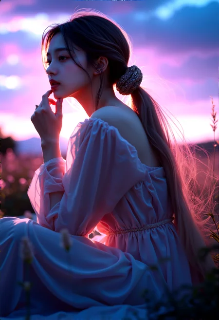 woman with hair flowing long ponytail beige hair,wearing ornate hair scrunchie, voluptuous, sitting with knees up, outdoors, scenery, expressive eyes, reflective and emotional gaze, detailed background with aurora borealis, purple and blue tones, highly detailed, atmospheric, strong wind, dim lighting, finger to own chin, cheerful expression
cinematic lighting, extremely intricate detail character, accurate depiction of character, correct body anatomy, correct hands and fingers, extremely intricate skin and facial texture detail, design,lifelike potrayal, extrememly realistic lighting, extreme dynamic pose, sfw, fully clothes, sharp background detail, wide shot