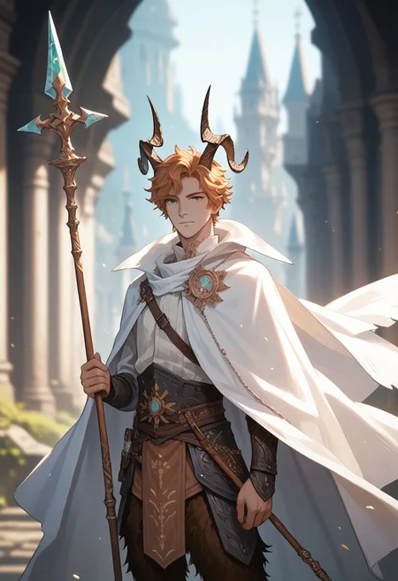 Anime style, , score_9, score_8_up, score_7_up, score_6_up, masterpiece, best quality, very aesthetic, , satyr, faun, horns, animal ears, 1boy, male focus, , holding spear, white cape, looking at viewer, posing, fantasy background, blurred background, ng p