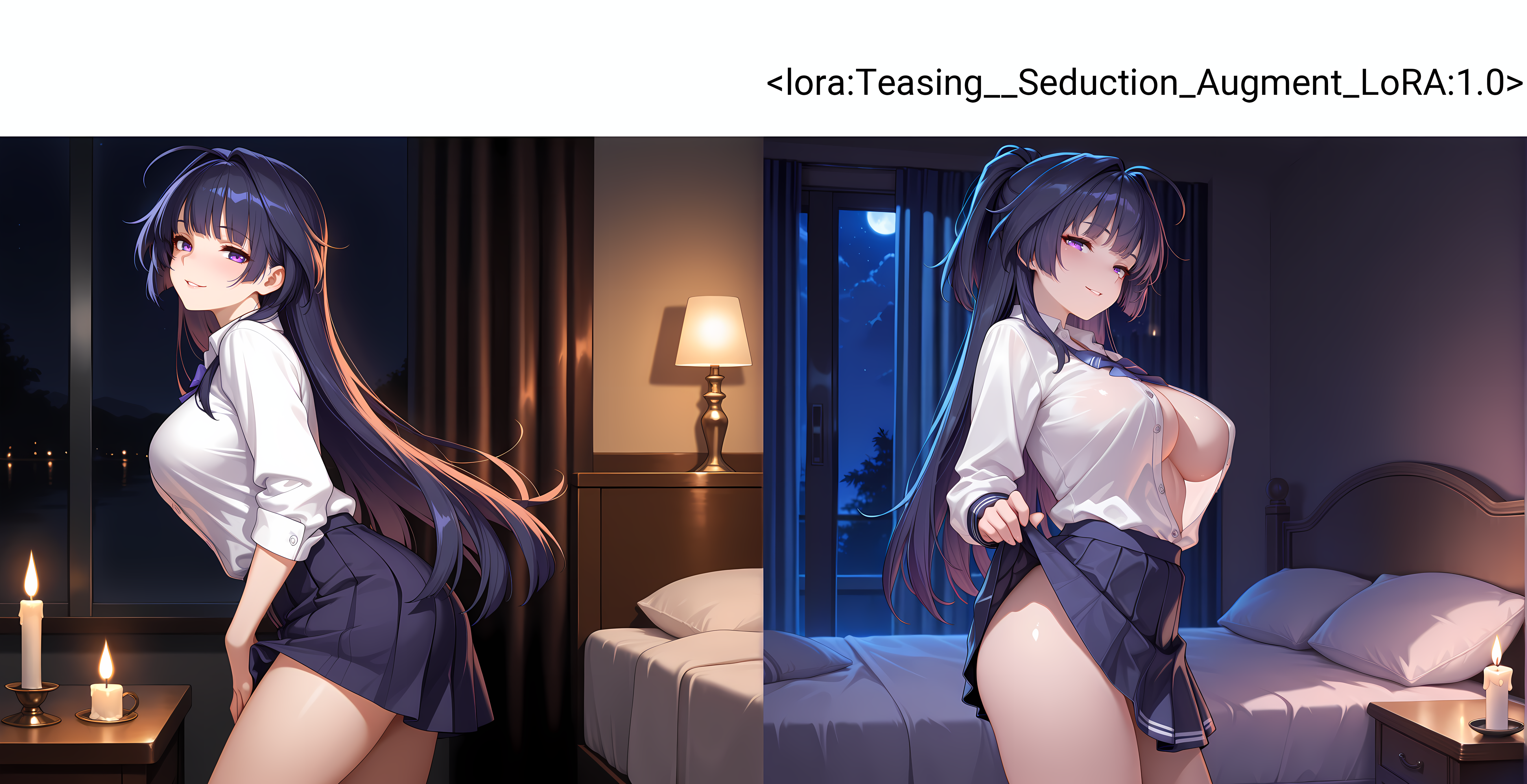 looking at viewer,solo,raiden mei,seductive smile,parted lips,night,candlelight,bedroom,cowboy shot,school uniform,convenient censoring,from side,breasts,button up skirt,dress shirt,, masterpiece,best quality,amazing quality, very aesthetic, absurdres,detailed eyes,ultra-detailed,