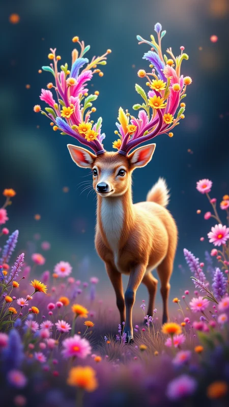 in the style of jedffd, dreamlike fantasy painting, colorful brushstroke textures, surreal chaos, glitchcore accents, fractal flows, vibrant abstract fantasy, Miniature deer with fractal antlers blooming into colorful flowers, prancing through a surreal meadow of glowing fractal grass, double exposure style with soft light leaks, <lora:Dreamfract-000007:1>