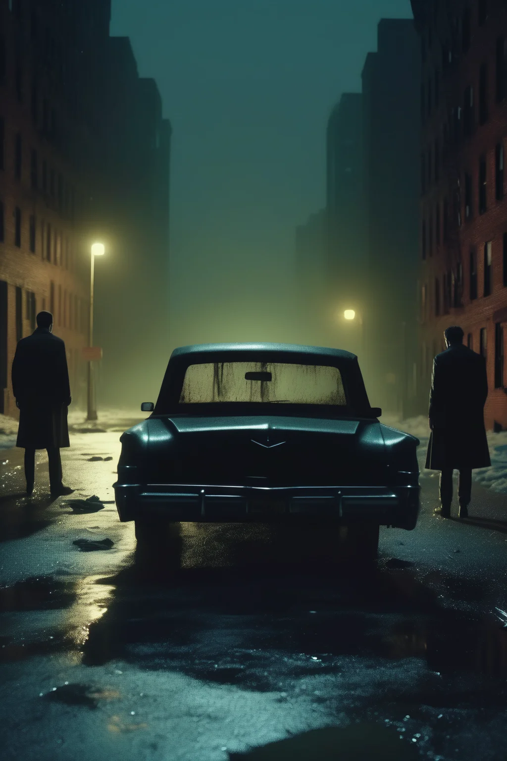 <lora:Roger Deakins Style:1>Roger Deakins Style - Film still. Footage from 2010s horror movie. Style by psychological thriller movie. Two men place a large black plastic bag in the open trunk of a car on an abandoned street in New York City at night. Digital realistic illustration. Cinematic frame. Artistic beautiful frame. Lamppost in the foreground, creating depth of frame