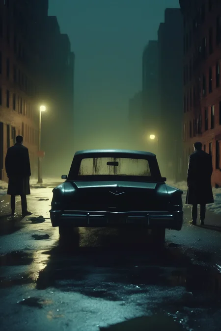 <lora:Roger Deakins Style:1>Roger Deakins Style - Film still. Footage from 2010s horror movie. Style by psychological thriller movie. Two men place a large black plastic bag in the open trunk of a car on an abandoned street in New York City at night. Digital realistic illustration. Cinematic frame. Artistic beautiful frame. Lamppost in the foreground, creating depth of frame