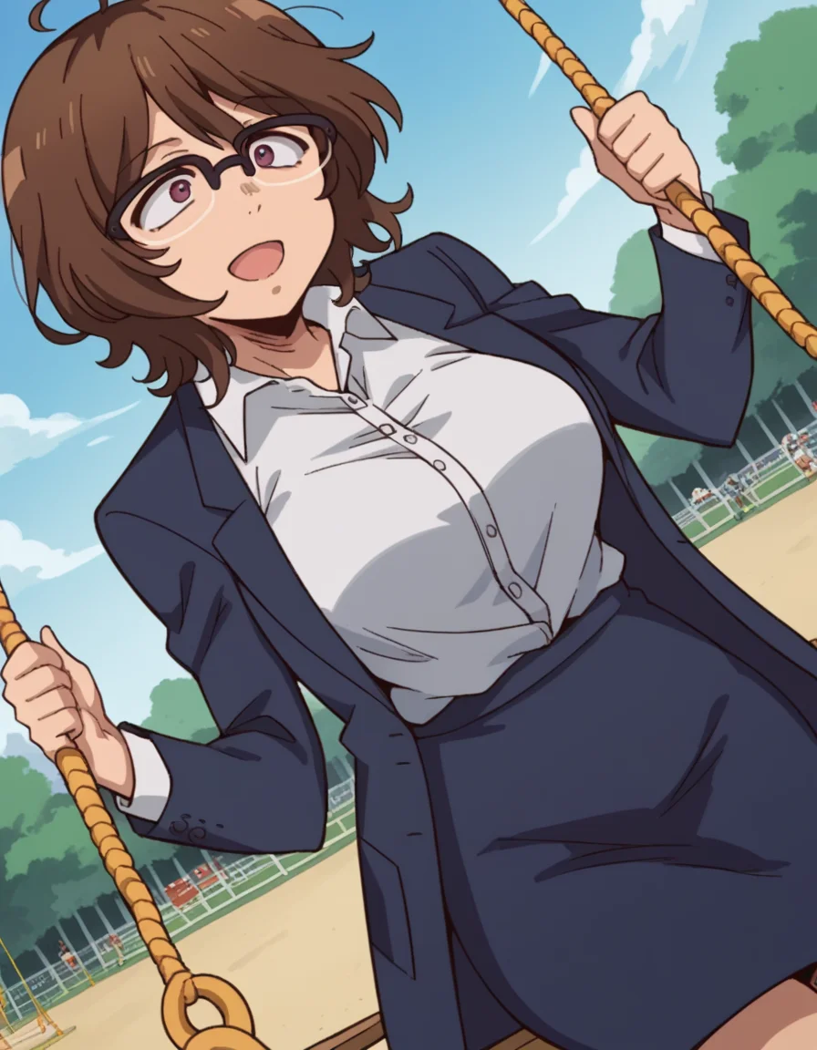 score_9, score_8_up, score_7_up, source_anime, <lora:owari-hajime-s2-ponyxl-lora-nochekaiser:1>, owari hajime, brown hair, brown eyes, glasses, over-rim eyewear, large breasts,, skirt, shirt, jacket, formal, suit, office lady,, public park, playground, swing set, laughter, sunny day, , , arm wrapped around someone, solo,, cowboy shot, dutch angle