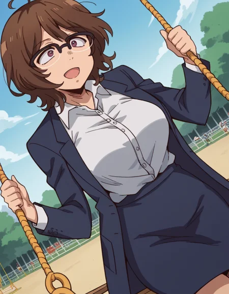 score_9, score_8_up, score_7_up, source_anime, <lora:owari-hajime-s2-ponyxl-lora-nochekaiser:1>, owari hajime, brown hair, brown eyes, glasses, over-rim eyewear, large breasts,, skirt, shirt, jacket, formal, suit, office lady,, public park, playground, swing set, laughter, sunny day, , , arm wrapped around someone, solo,, cowboy shot, dutch angle