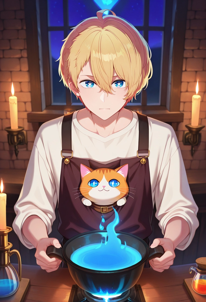 masterpiece, best quality, , (realistic:0.6), looking at viewer, 1boy, solo, male focus, <lora:aquamarine_hoshino_ilxl:0.98>, aquamarine_hoshino, blonde hair, blue eyes, bangs, hair between eyes, short hair, symbol-shaped pupils, star-shaped pupils, witch's tower, brewing potions, magical ingredients, familiar cat, mixing pose, focused expression, candlelight,