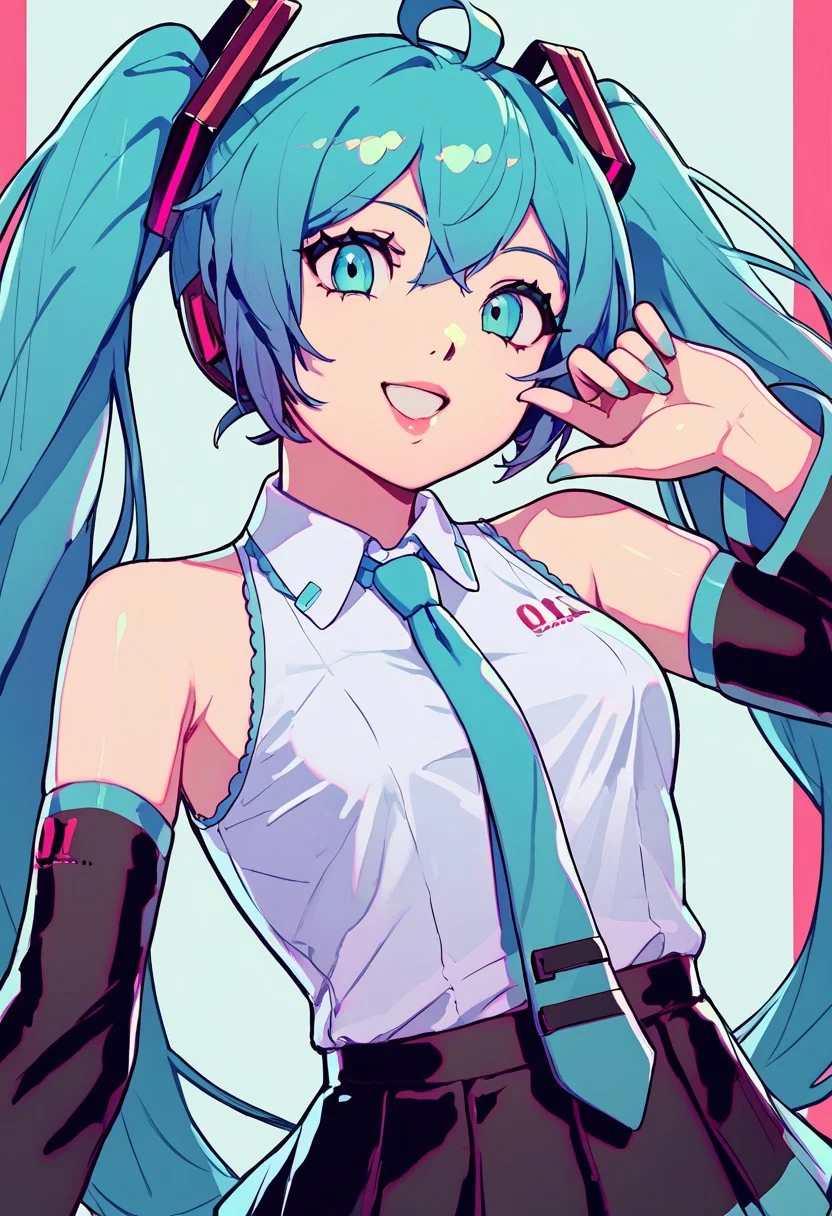 score_9, score_8_up, score_7_up, score_6_up, score_5_up, score_4_up, source_cartoon, <lora:confetti-extract- ponyxl:0.85>, detailed eyes, easynegative, rating_explicit, Expressiveh, 1girl, solo, smiling at viewer, close up, datcravat, lips
miku hatsune, ahoge, aqua eyes, aqua hair, crossed bangs, hair between eyes, hair ornament, headphones, long hair, twintails, aqua necktie, black skirt, black sleeves, collared shirt, detached sleeves, grey shirt, necktie, pleated skirt, shirt, skirt, sleeveless, sleeveless shirt, tie clip,