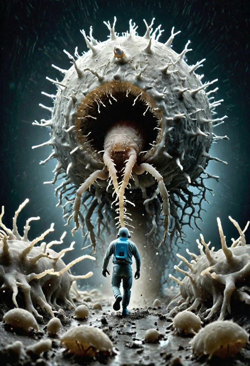 STM Scanning tunneling microscope photo of metal hamsrer chasing the tardigrades and bacteriophage, chaos, highly detailed.