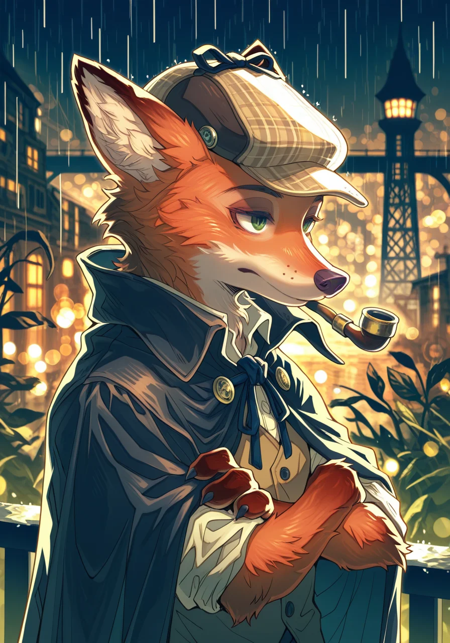 solo furry, nick wilde, bust portrait, sherlock holmes, [side view::0.1] three-quarter view, high-angle view, looking away, crossed arms, deerstalker hat, detective Inverness cape smokeing pipe, BREAK, masterpiece, best quality, high quality, zootopia, (by Sokura \(Mochichitose\), by Haku \(Sabosoda\), bokeh:1.25), detailed background, detailed foreground, depth of field, backlighting, brown theme, sun light, night, [:raining, england, street light, bridge, factory, tower, leaf, plant:0.1]