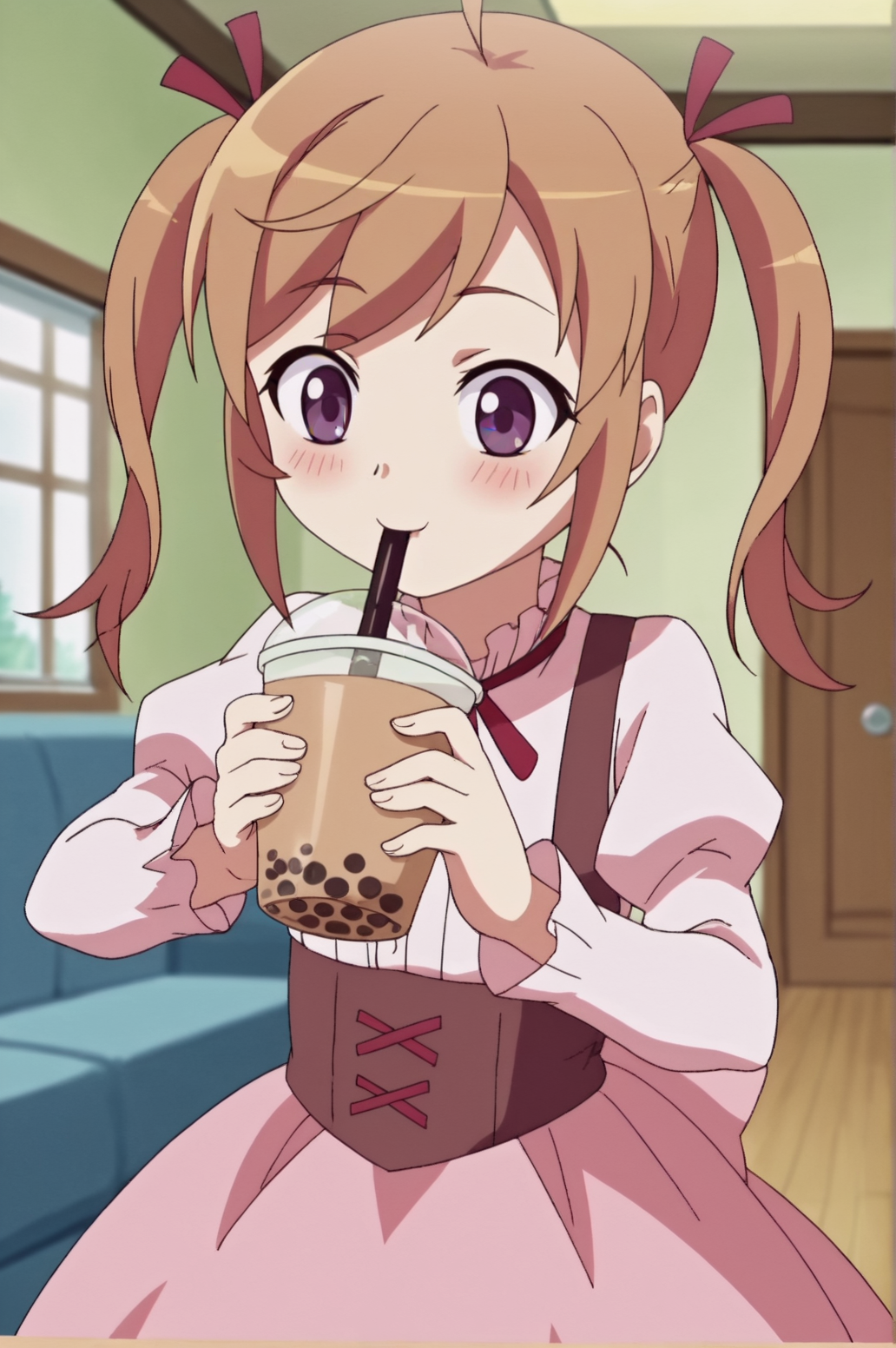 score_9, score_8_up, score_7_up,anime_source, source_anime, best background, detailed background, anime screencap,  Milky, Main Dress, indoors, shirt, solo, blush, happy, dynamic angle, dynamic pose, drinking, bubble tea,  <lora:JN_Milky:0.8>