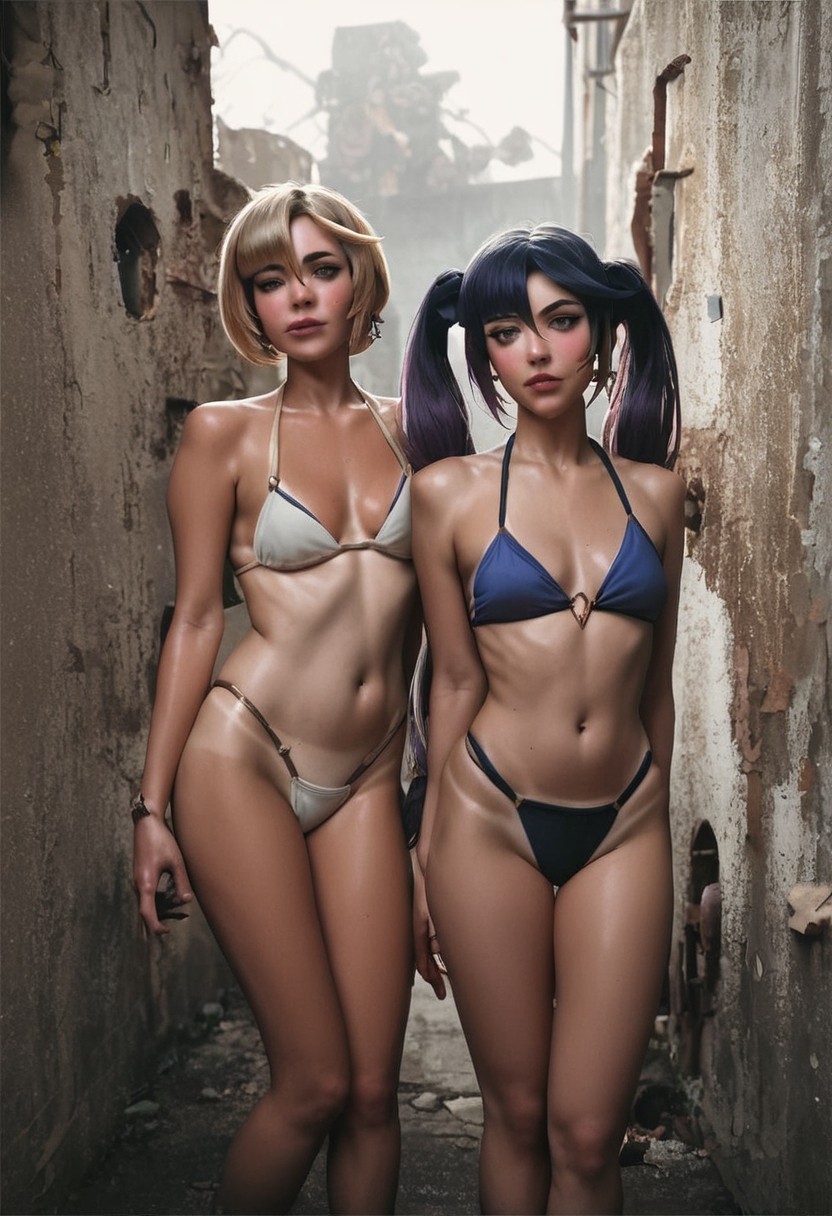 score_9, score_8_up, score_7_up, score_6, score_5, score_4, source_cartoon, realistic, beautiful multiple girls, naughty face, abandoned places,tanlines, bikini vscog1rl5 , rating_safe mona \(genshin impact\) <lora:VSCO.Girls.Beaches.Abandoned.Places:1>