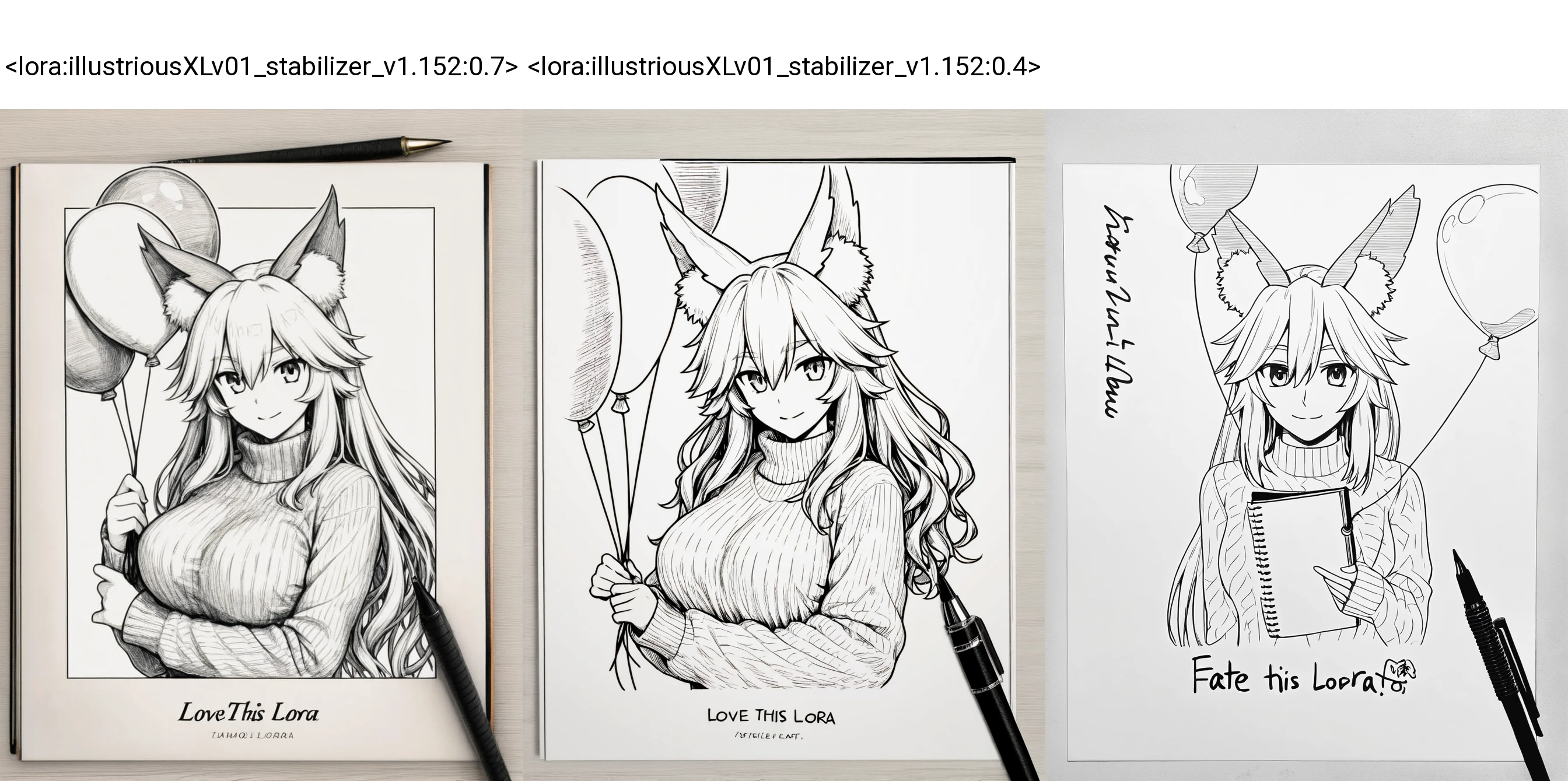 <lora:style_strength_controller_nbep11_v1:0.3><lora:illustriousXLv01_stabilizer_v1.152:0.7><lora:contract_controller_illus01_v1:-0.1>1girl,tamamo \(fate\),long hair,sweater,upper body,holding balloon,looking at viewer,pen on paper,notebook,pencil art,masterpiece,monochrome,title: "LOVE THIS LORA",