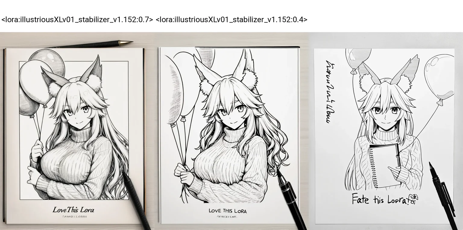 <lora:style_strength_controller_nbep11_v1:0.3><lora:illustriousXLv01_stabilizer_v1.152:0.7><lora:contract_controller_illus01_v1:-0.1>1girl,tamamo \(fate\),long hair,sweater,upper body,holding balloon,looking at viewer,pen on paper,notebook,pencil art,masterpiece,monochrome,title: "LOVE THIS LORA",