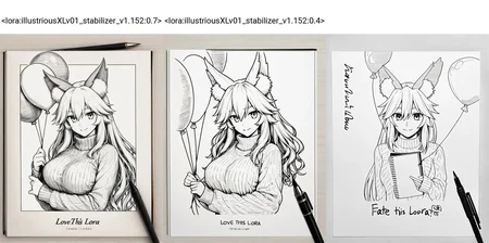 <lora:style_strength_controller_nbep11_v1:0.3><lora:illustriousXLv01_stabilizer_v1.152:0.7><lora:contract_controller_illus01_v1:-0.1>1girl,tamamo \(fate\),long hair,sweater,upper body,holding balloon,looking at viewer,pen on paper,notebook,pencil art,masterpiece,monochrome,title: "LOVE THIS LORA",