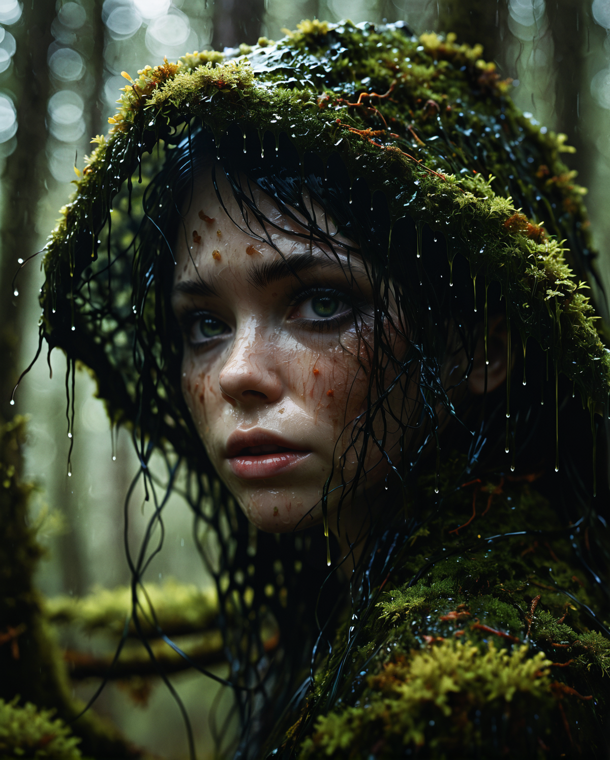 mysterious silhouette forest woman with wet moss veil, by Minjae Lee, Carne Griffiths, Emily Kell, Steve McCurry, Geoffroy Thoorens, Aaron Horkey, Jordan Grimmer, Greg Rutkowski, amazing depth, double exposure, surreal, intricately detailed, bokeh,  perfect balanced, deep fine borders, artistic photorealism , smooth,  great masterwork by head of prompt engineering   <lora:add-detail-xl:2>  <lora:Double_Exposure:0.5>