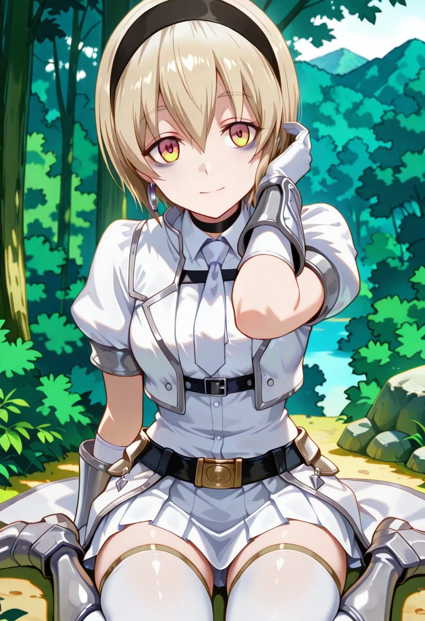 medium depth of field, rule of thirds, masterpiece-level, clean lines, sharp, focused subject, minimalistic composition, masterpiece, amazing quality, best quality, anime screencap, detailed face, detailed eyes, detailed outfit, face focus,
general,highres, ultra-detailed,very aesthetic,best quality ,best hands, perfect anatomy,detailed,
BREAK 1girl, solo,pekora_cnr, 1girl, blonde hair, short hair, bangs, yellow eyes, multicolored eyes, shiny hair black hairband,bags under eyes,
azure armor,
full azure armor, white shirt, white tie, white waist cape,
silver hoop earrings, silver arm shield, black choker,
white hair ribbon hairband, white thighhighs, white cropped jacket, white armored gloves, white miniskirt, white armored boots,
from front, from front, cowboy shot,
wariza, hand in own hair, happy, light smile, looking at viewer,
(Forest, woods, trees, rocks, bushes, mountains,),