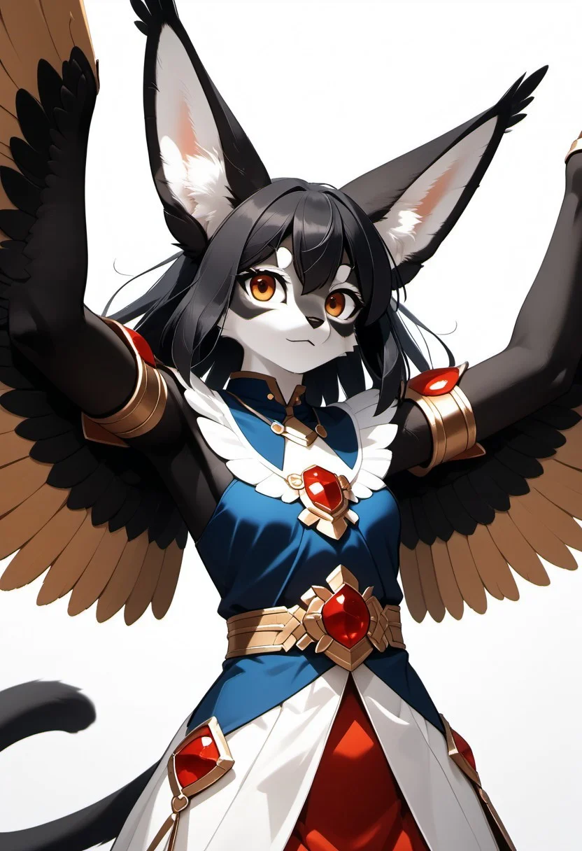 1person, Palagiri, anthro, feline features, feline nose, large ears, ((winged arms)), arms to the side, no hands
3/4 view, perfect face, perfect wings,
Source: anime, score: 9, score: 8up,