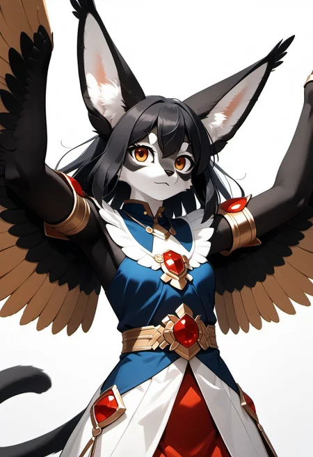 1person, Palagiri, anthro, feline features, feline nose, large ears, ((winged arms)), arms to the side, no hands
3/4 view, perfect face, perfect wings,
Source: anime, score: 9, score: 8up,
