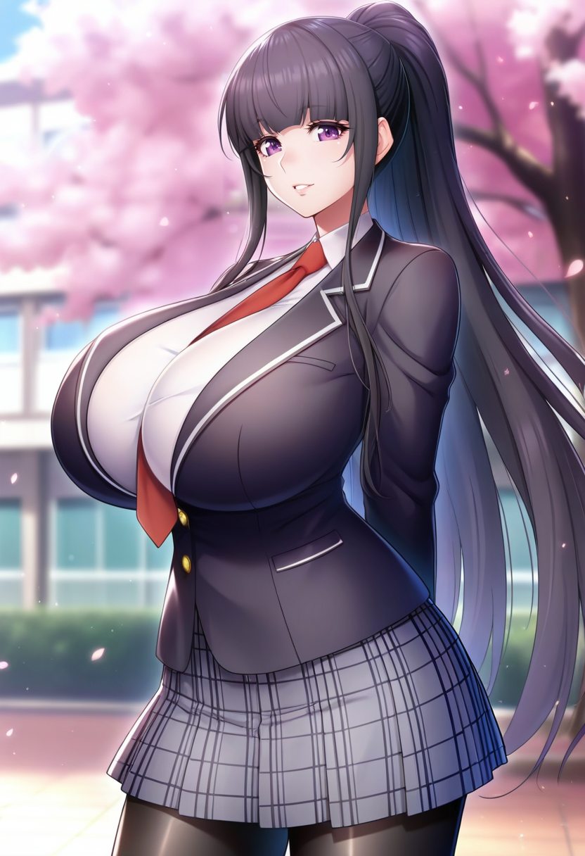 masterpiece, best quality, amazing quality,tomoe tajika, purple eyes, black hair, long hair, blunt bangs, ponytail, mature female,1girl, breasts, solo,huge breasts, gray skirt,school uniform, black jacket, black pantyhose, white shirt, pleated skirt, red necktie,long sleeves, collared shirt, plaid skirt, parted lips, light smile, standing,arms behind back, looking at viewer, cowboy shot, blurry background, outdoors, school, cherry blossom <lora:tomoe tajikaV1:0.9>