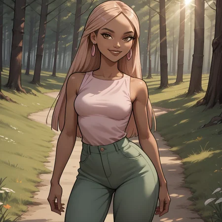 score_9, score_8, BREAK, solo, dark blonde hair, brown eyes, brown lips, lipstick, light pink sleeveless shirt, green pants, light pink footwear, earrings, dark skin, total drama, Nichelle_(Total_Drama), breasts, dark skin female, sexy pose, smile, outdoors, sunlight, shadows, evening lighting, natural lighting, forest, trees, grass, orange sky, sunset