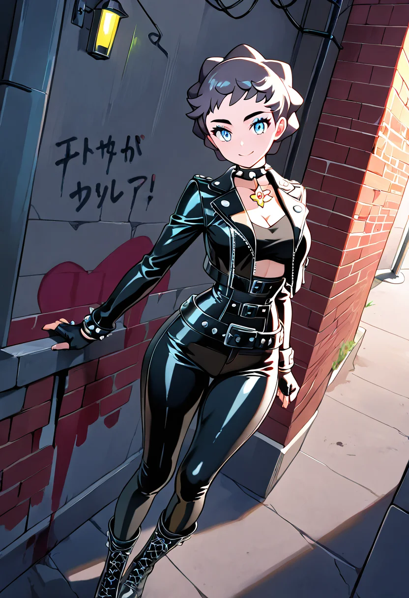 masterpiece, best quality,  curvy, beautiful eyes, narrow waist, wide hips, smile, looking at viewer, dynamic angle, foreshortening, close up,    zzDiantha, diantha (pokemon), blue eyes, grey hair, short hair, makeup, eyeshadow,  <lora:DianthaPokemon_IXL:1.0>  [Urban Biker Rebellion], Shiny leather jacket, tight leather pants, spiked choker, multiple belts, heavy boots, fingerless gloves, zipped details, Leaning against a graffiti-tagged brick wall under a flickering streetlight, exuding confidence and edge in a back-alley cityscape.