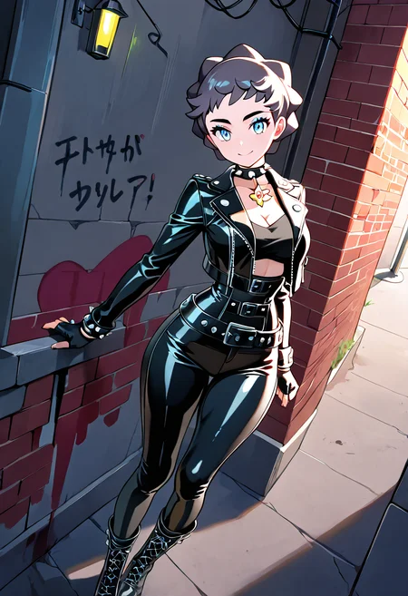 masterpiece, best quality,  curvy, beautiful eyes, narrow waist, wide hips, smile, looking at viewer, dynamic angle, foreshortening, close up,    zzDiantha, diantha (pokemon), blue eyes, grey hair, short hair, makeup, eyeshadow,  <lora:DianthaPokemon_IXL:1.0>  [Urban Biker Rebellion], Shiny leather jacket, tight leather pants, spiked choker, multiple belts, heavy boots, fingerless gloves, zipped details, Leaning against a graffiti-tagged brick wall under a flickering streetlight, exuding confidence and edge in a back-alley cityscape.
