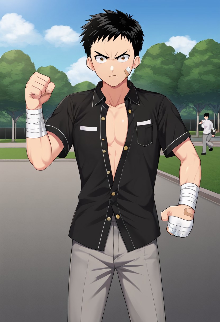 harmard, black hair, short hair, brown eyes, 1boy, solo, solo focus, wear white shirt, unbuttoned shirt, chest pocket, black t-shirt, grey pants, plaster on cheek, bandage on hands, at park, outdoor, fight pose, furious expression