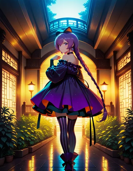 Smooth Quality <lora:mimiko_IL:1> mimiko, purple hair, long hair, twin braids, hair bow, purple eyes, jewelry, earrings, choker, bare shoulders, purple dress, vertical-striped pantyhose, purple footwear, 1girl, album_cover, architecture, bridge, closed_mouth, cover, cowboy_shot, day, east_asian_architecture, from_behind, garden, green_theme, hand_up, indoors, knot, looking_at_viewer, looking_back, plant, reflective_floor, rope, smile, solo, standing, string, two-sided_fabric, zettai_ryouiki, secluded_beach_cave, gentle_waves, soft_sand, echoing_waves, private_environment, suggestive_pose, <lora:ck-neon-retrowave-IL:1> ck-rw, detailed eyes, detailed face, detailed skin <lora:DetailedEyes_V3:1> <lora:cfg_scale_boost:0.7> <lora:lightingSlider:-1> late night (sidelight:1.2), <lora:SkindentationIL3.4_alpha16.0_rank32_full_400steps:6>