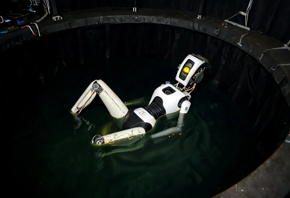 DVD still from 1981 dark fantasy sci-fi film 'Portal 2 ', Glados awakens, robot woman laying in the water, half-submerged, secret lab, robot, android, animatronic, robot joints, glowing eye, ultra realistic, intricate details, Aperture science, eerie, 1981, (((Abandonned, submechanaphobia, aerospace, eerie)))
