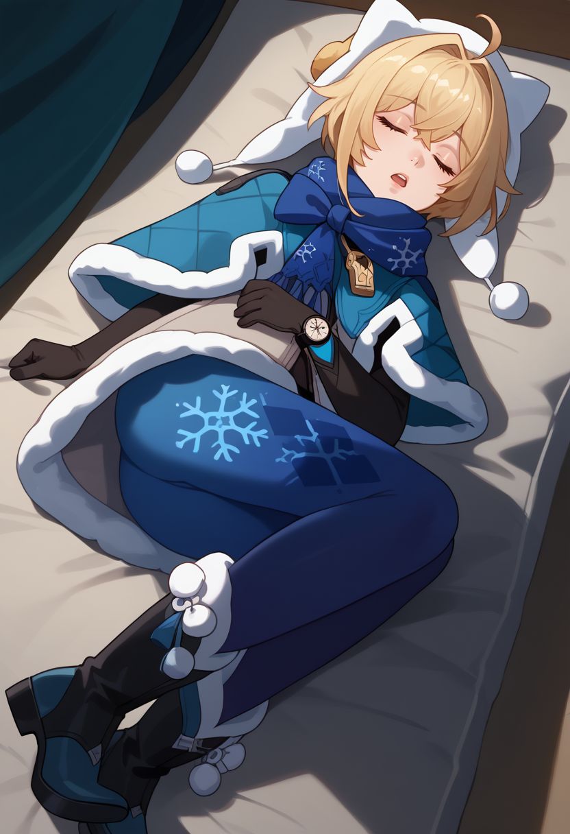 score_9, score_8_up, score_7_up, source_anime, 1girl, lynxlandaudef, closed eyes, blonde hair, short hair, ahoge, hat, blue scarf, fur trim, fur-trimmed capelet, blue capelet, white jacket, winter clothes, blue pantyhose, snowflake print, black elbow gloves, watch, fur-trimmed boots, lying, on back, on side, looking to the side, sleeping bag, tent, sleeping, open mouth, close-up, upper body, <lora:LynxLandau_v1-000010:1>