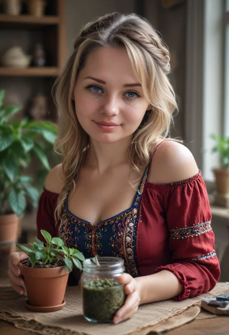 <lora:RPGHerbalist:1> (herbalist:1.1), blurry background, red blouse with flower print, looking at viewer, depth of field, (realistic:1.1), (working at her desk:1.3), jar, potted plant, plant, shirt, smile, wavy hair, mug, bowl, apple, bare shoulders, blonde hair, blue eyes, braid, shot with Nikon D850 SLRQ with 100mm lens and aperture F 2 framing her but with shallow depth of field, intricate detail, dark environment,