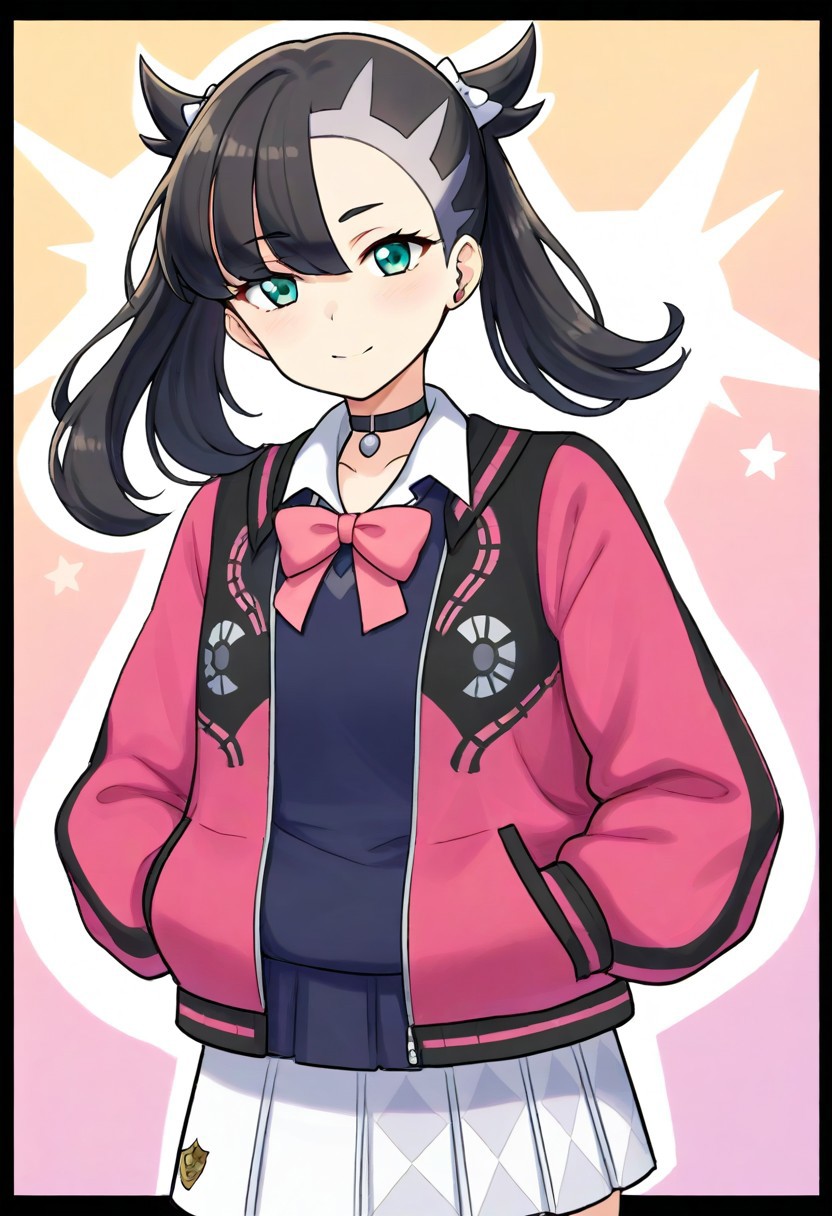 2d, masterpiece, best quality, amazing quality, 1girl, solo, close-up, standing, smile, upper body, cowboy shot, hands in pockets, looking at viewer, simple background, colorful background, hearts, stars, acmarnie, def colors, green eyes, black hair, asymmetrical bangs, white hair ribbon, black jacket, pink jacket, multicolored jacket, open jacket, blue sweater vest, white collared shirt, long sleeves, pink bowtie, pleated skirt, white skirt, checkered skirt, score_9, score_8_up, score_7_up,source_anime
