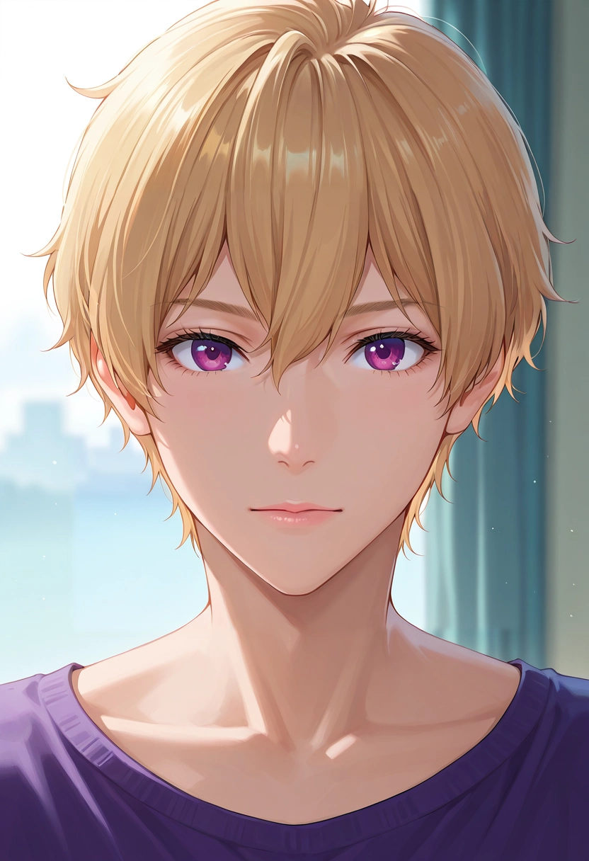 masterpiece, best quality, , (realistic:0.6), looking at viewer, 1boy, solo, male focus, <lora:nagisa_hazuki_ilxl:0.94>, nagisa_hazuki, blonde hair, purple eyes, ,