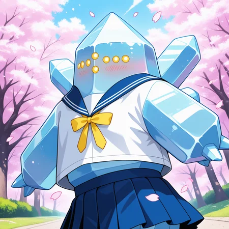 detailed, detailed_background, vibrant, amazing quality, beautiful quality, masterpiece, colorful, <lora:regice-15:1> (pregi), pokemon \(creature\), ice_body, symmetrical_design, crystal body, 1other, blush, cherry blossoms, falling petals, outdoors, solo, BREAK, no humans, 
, ribbon, blue sailor collar, yellow ribbon, blue skirt, cosplay, shirt, geometric body