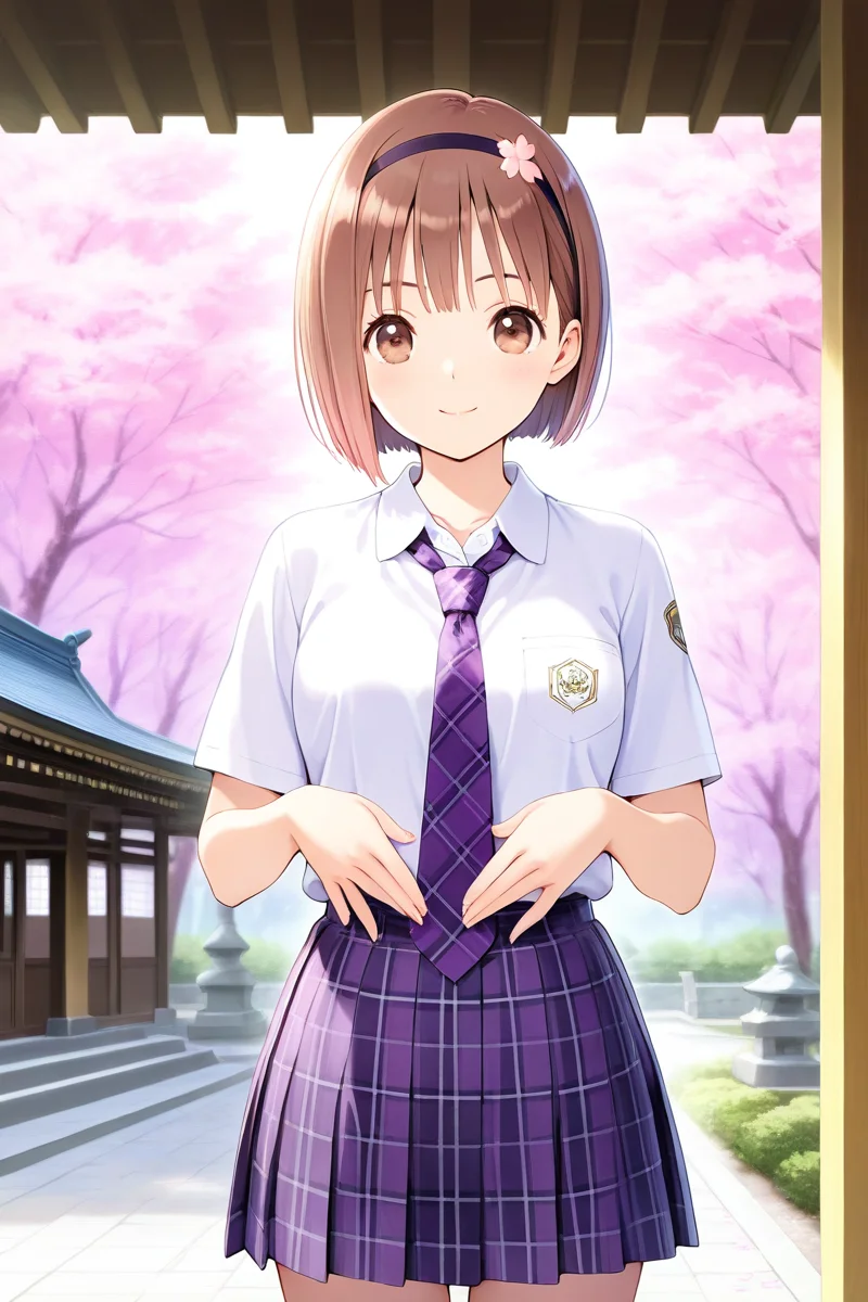 <lora:Hoshizaki_Ao_Blue_Reflection_Illus:1>1girl, solo, looking at viewer, short hair, skirt, japanese temple, sakura petal, sakura tree, center of attention, brown hair, brown eyes, school uniform, standing, jacket, cowboy shot, pleated skirt, hairband, purple tartan necktie, plaid, plaid skirt, bob cut, Hoshizaki Ao, white shirt, short sleeves, school uniform outfit, sexy pose, sexy smile, hairband, headband,