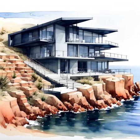 a modern house by the sea, archwatercolor, watercolor, painting,