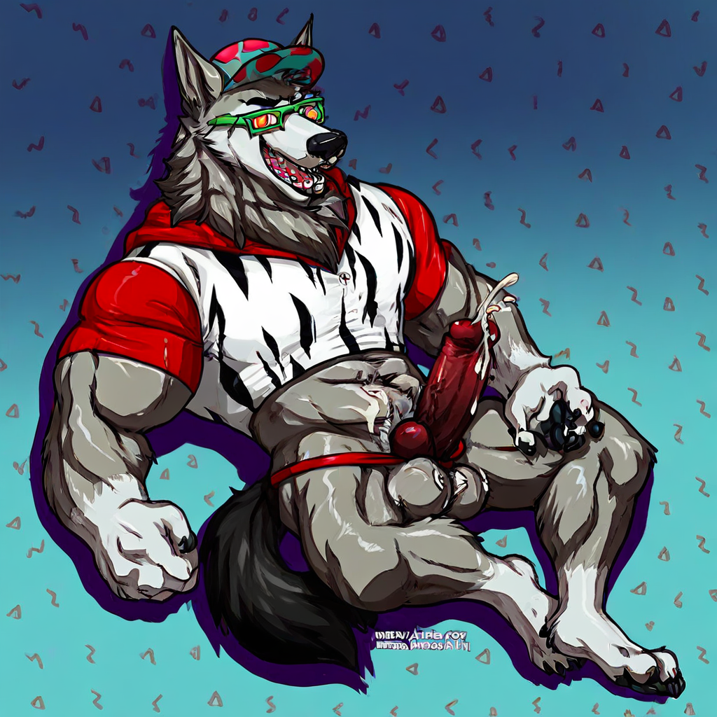 muscular arms, cum shot, male anthro, nsfw art, dog feet, Two toned fur, 80s style hat, 80s style background, anthro male, cum strings, solo, penis over clothing, Zebra print shirt, dashing looks, , lots of genital fur, reaching out for viewer, furry body, extreme muscle details, blue wall, Penis, cumshot, very detailed abs, visible teeth, red hoody, lying down, looking back at viewer, lowering sun glasses, Pulling down thong, cum, detailed abs, open mouth, portrait