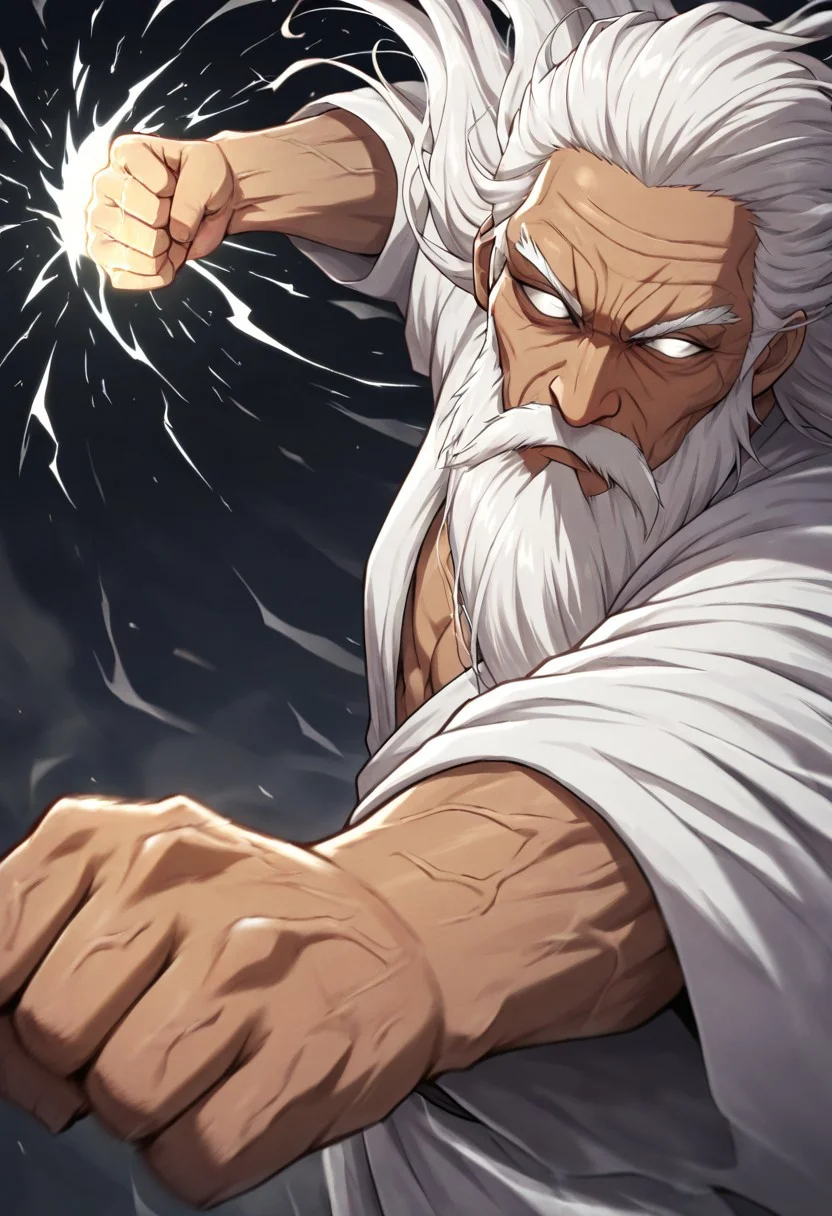 masterpiece, best quality, newest, absurdres, highres,
INCPUV1.0, punching, incoming attack, incoming punch,
1boy, dark skin, dark skinned male, white hair, long beard, long hair, monk, white robe, white eyes, blind eyes, wrinkles, wrinkled face, wrinkled, wrikly, old, mature, old man