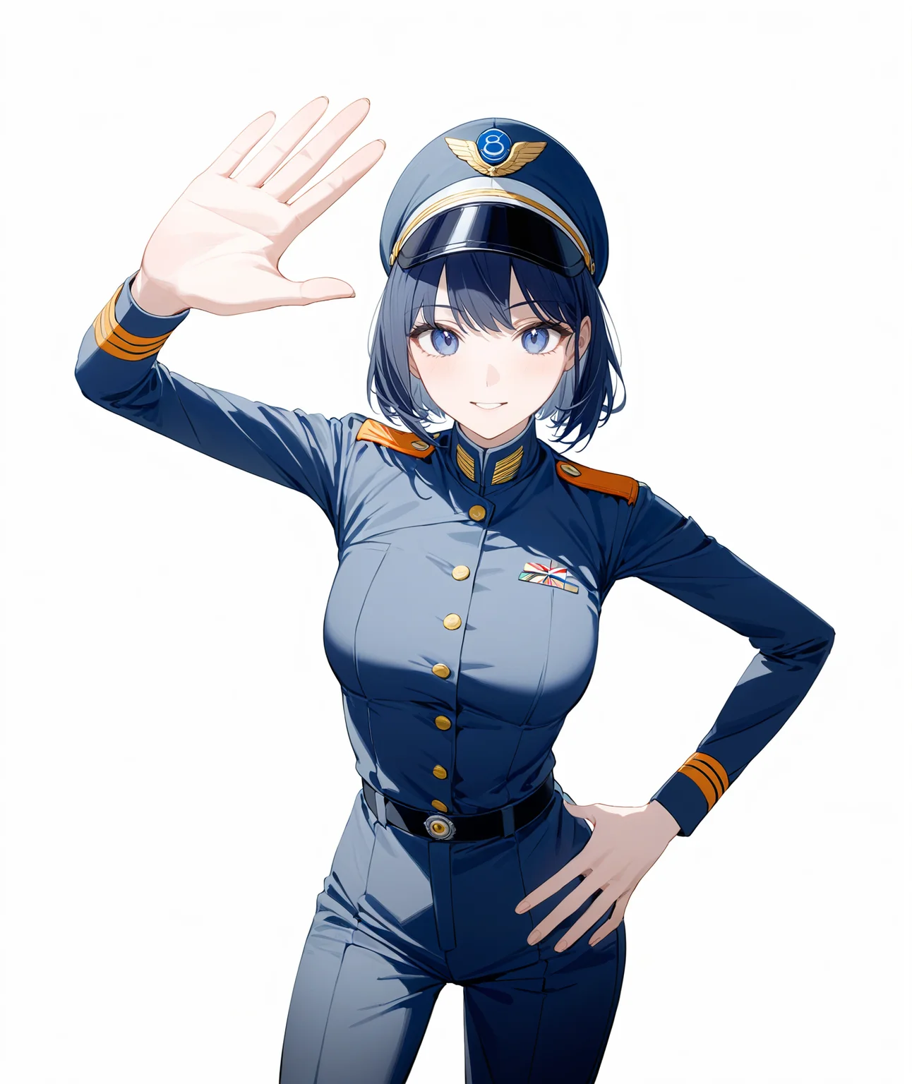 best quality, masterpiece, score_9, score_8_up, score_7_up, rating_safe, source_anime,
1girl, solo, adult, pilot, salute, cap, uniform, pants, airplane pilot, pilot uniform, greyish dark blue, washed dark blue, golden buttons,
simple background, empty background, white background,