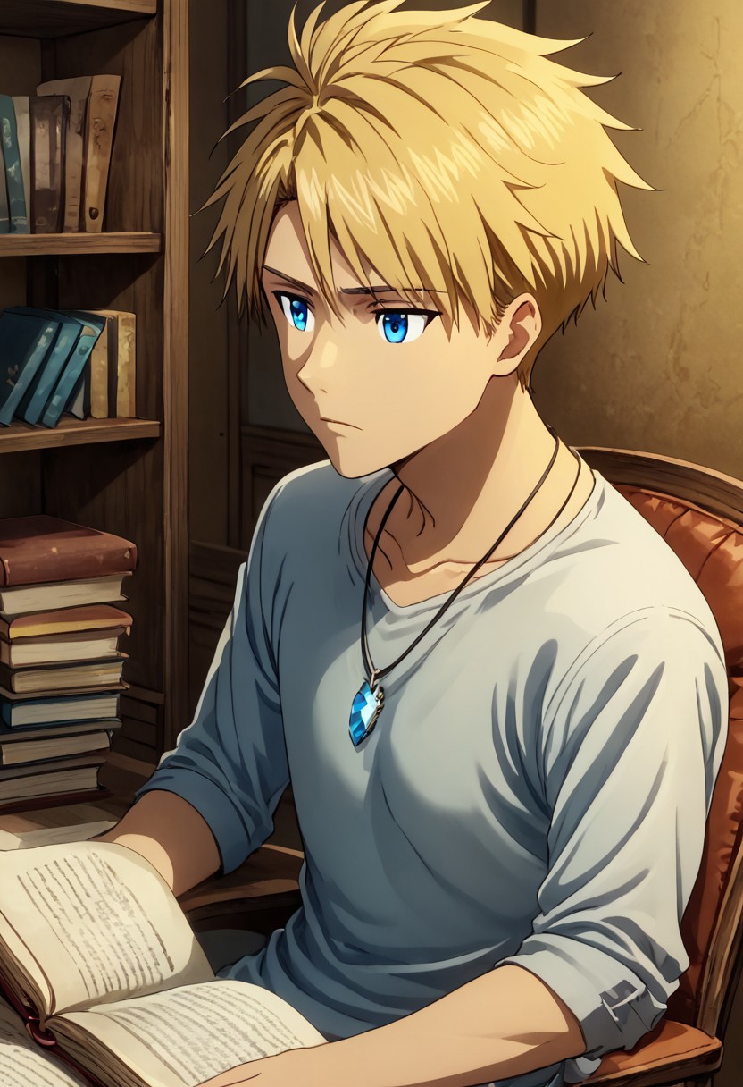 high resolution, solo, best quality, 1Boy, Yamato Ishida, Blonde Hair, Blue Eyes, Necklace, Reading book, cozy chair, absorbed, tranquil,