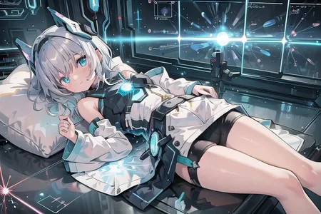 (masterpiece), (science fiction:1.4), 1girl, lying on the back on a mirror, lying on the back on a mirror, lying on the back on a mirror, smile, silver hair, aqua eyes, headgear, long sleeves, detached sleeves, glowing energy clothing, light particles, energy particles, perfect hands, perfect legs