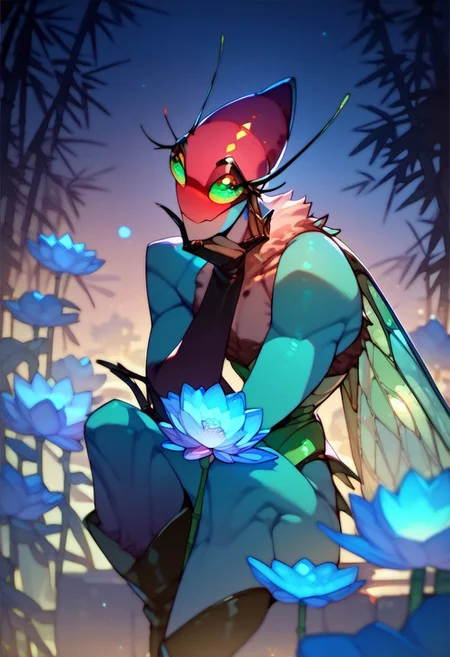 score_9, score_8_up, score_7_up, score_6_up, dark faerie, flying at night, beautiful face with insect eyes, heavy black boots, highly detailed, blue lotus blossom, bamboo, insect wings, monster boy, cyan and magenta, colored skin, soft fur