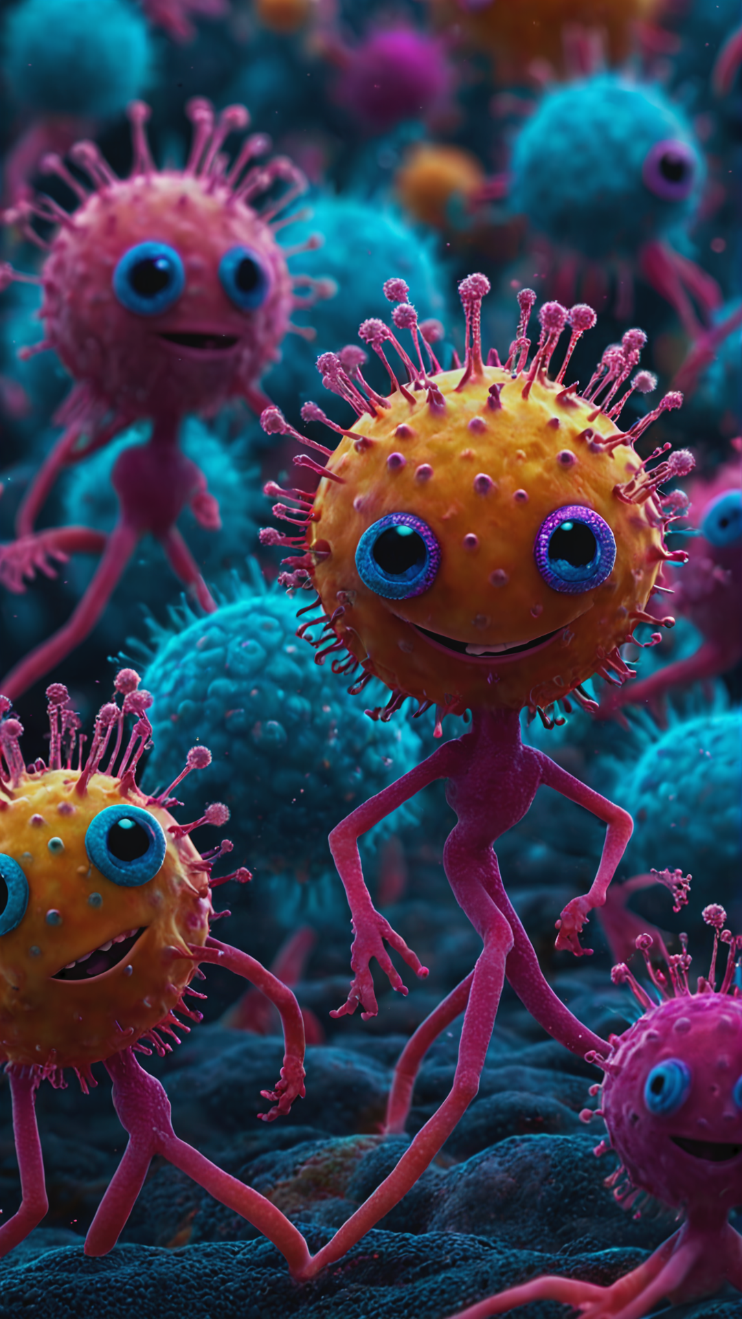 RAW photo of a cute microbes and viruses dancing, cartoon caracters, Macro-shooting with a microscope, concept art, action, dynamic, (fractal:1.2), aesthetic, colorful, finely tuned detail, ultra sharp focus, intricate, movie poster, epic, trending on artstation, vibrant, production cinematic masterpiece, ultra high quality model, by Unsplash, sharp focus, (fractal:1.8), shallow depth of field detailed background, ultra (realistic:1.4), HDRi, 35-105 mm lens f/4 ISO 100, 16k <lora:add-detail-xl:1> <lora:FF-WoMM-XL-FA-v0208-TE:1>