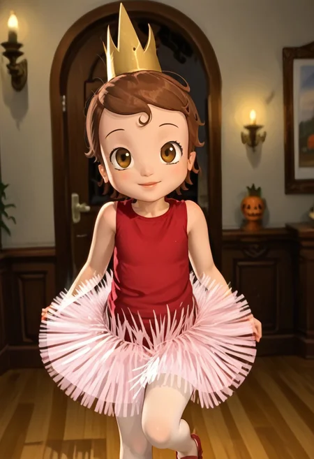 (masterpiece)+, 8k, best quality, ultra-detailed, (high res), cinematic lighting, beautiful lighting, high quality, studio quality, detailed, insanely detailed, extreme detail, refined detail, perfect detail, max detail, smooth lighting, detailed background, hyper detailed body, beautiful lighting, vibrant lighting, global illumination, absurdres, high-res, dynamic lighting, h4nnah, 1girl, solo, brown hair, ballerina, short hair, dress, pantyhose, white pantyhose, tutu, Expressiveh, aerozerorisk, 1girl, solo, solo focus, looking at viewer, standing, cowboy shot, (closed mouth), happy, cute, kawaii, indoors, living room, daylight, sunshine, Halloween decorations, Halloween costume, (princess ballerina costume), (gold crown), brown hair, brown eyes, red shirt, pink tutu