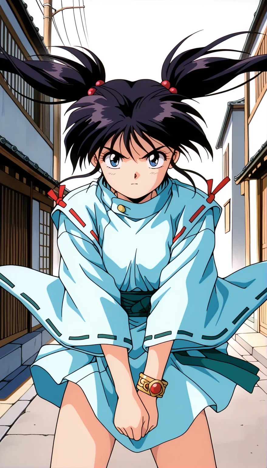masterpiece,best quality,amazing quality,1girl,solo,1990s \(style\),Ennochiaki ill,black hair,blue eyes,looking at viewer,twintails,long hair,long sleeves,bracelet,japanese clothes,bangs,serious,floating hair,street,cowboy shot,v_arms,<lora:Ennochiaki ill:0.9>,
