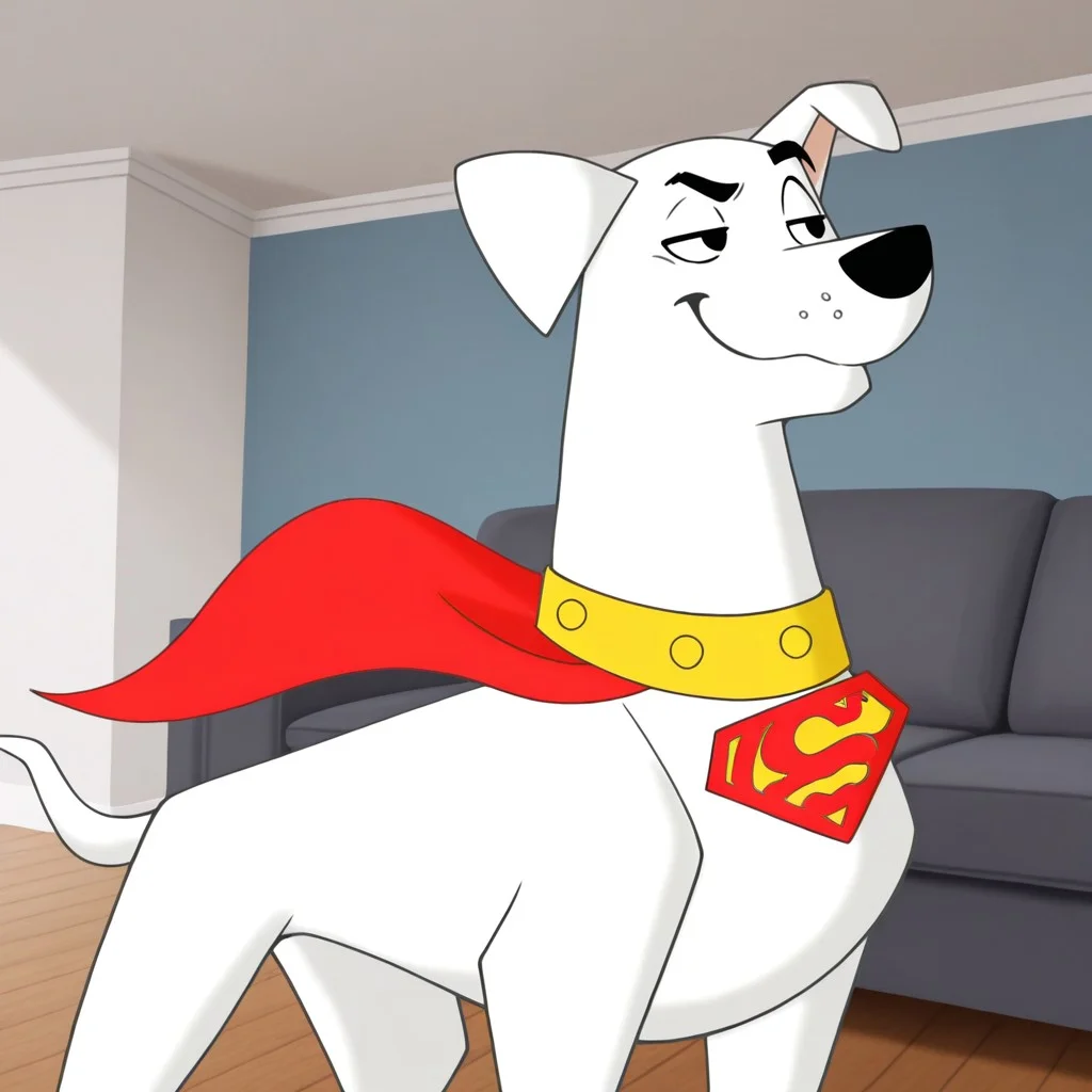 masterpiece, best quality, amazing quality,  krypto, male, furry male, feral, dog, solo, white fur, black eyes, black nose, floppy ears, tail, yellow collar, collar tag, red cape, smug, indoors, living room