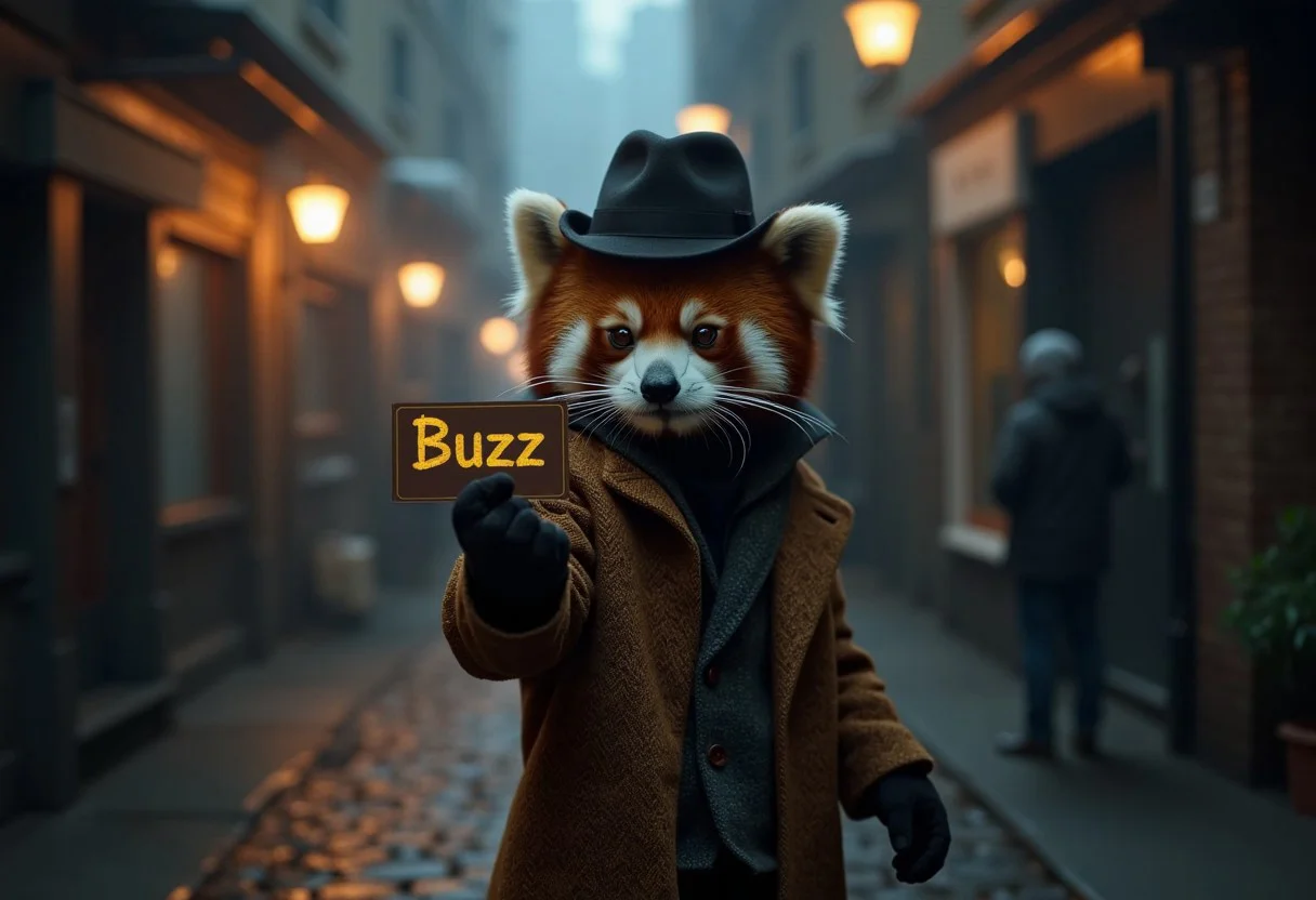 A redpanda stands confidently in front of the viewer, extending its paw forward with an ID card. The ID card is the focal point: written in large golden letters is the word "Buzz." The panda wears a long tweed coat with a raised collar, and a wide-brimmed felt hat sits atop its head. Its gaze is serious and focused, as if presenting evidence for an important mission. Background: a dark city alley shrouded in mist, with dim streetlights softly illuminating the scene. The light highlights the panda’s fur and its outstretched paw, creating a tense and mystical atmosphere. <lora:Red_Panda-000010:1>