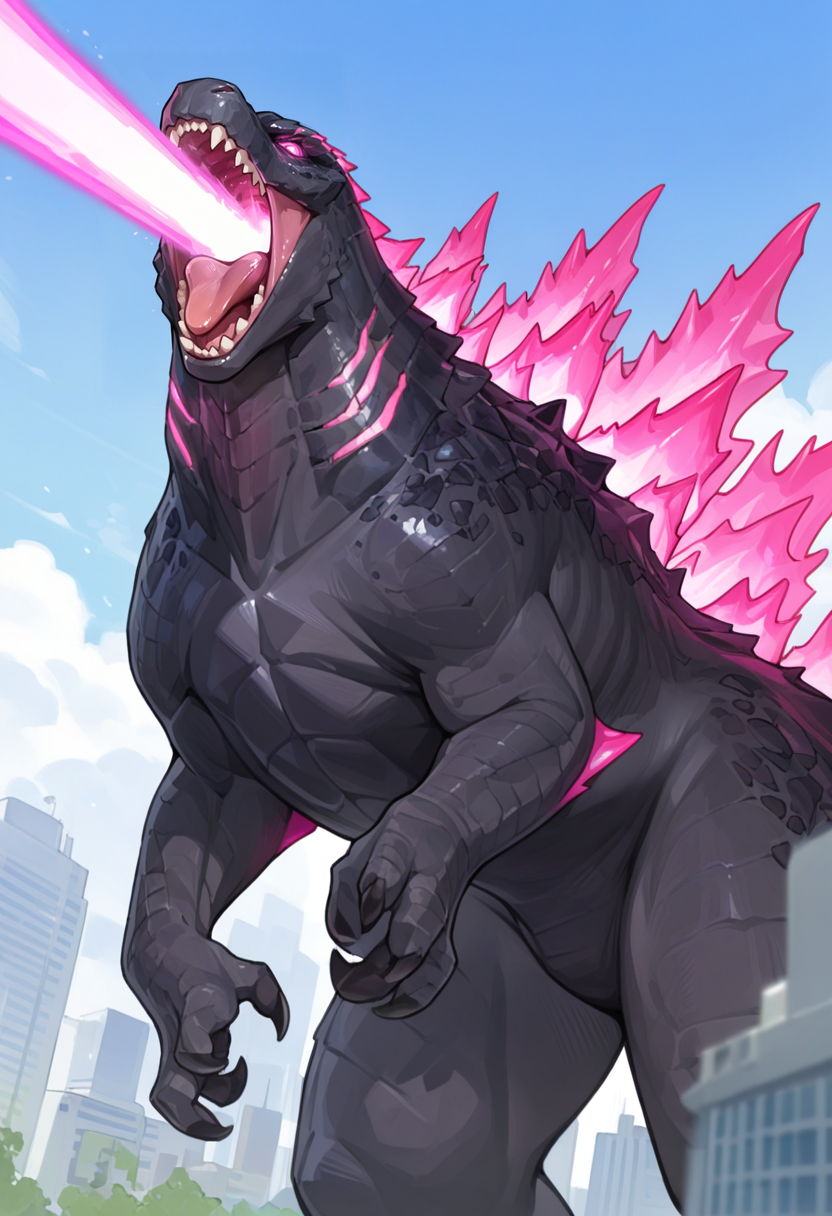 <lora:GxK_Godzilla_a1_4_NoobXL-eps:1>,<lora:EatSleep1111StyleSDXL11:0.7>,<lora:merrytailSDXLstyle:0.3>,eatsleep1111,merrytail,masterpiece,best quality,amazing quality,high quality,very aesthetic,absurdres,newest,shaded,digital media \(artwork\),depth of field,solo,gxkgzla,feral,detailed background,city,pink eyes,pink spines,three-quarter portrait,three-quarter view,open mouth,glowing mouth,(energy beam:1.3),mouth beam,