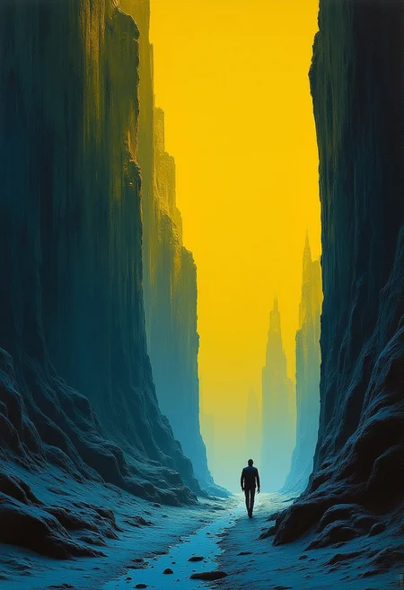 A vintage science fiction magazine illustration, blue yellow landscape.